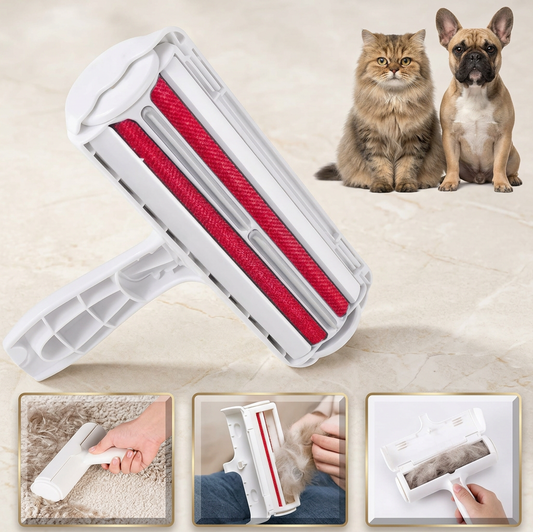 Self-cleaning pet hair roller removing fur from a couch cushion