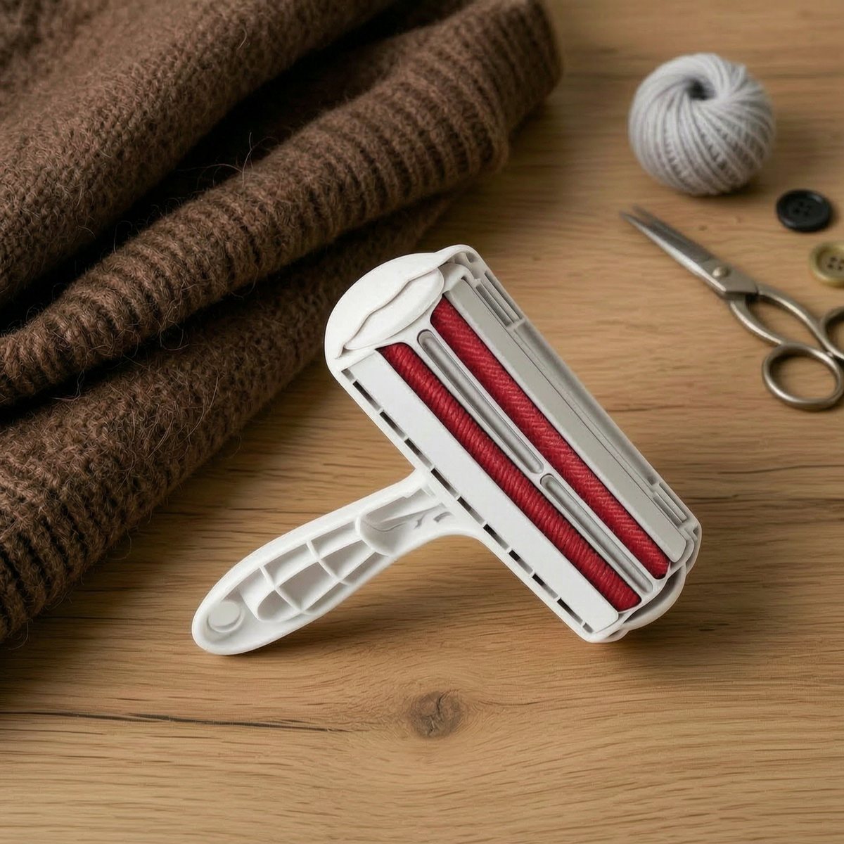Close-up of the self-cleaning pet hair roller's static bristle head