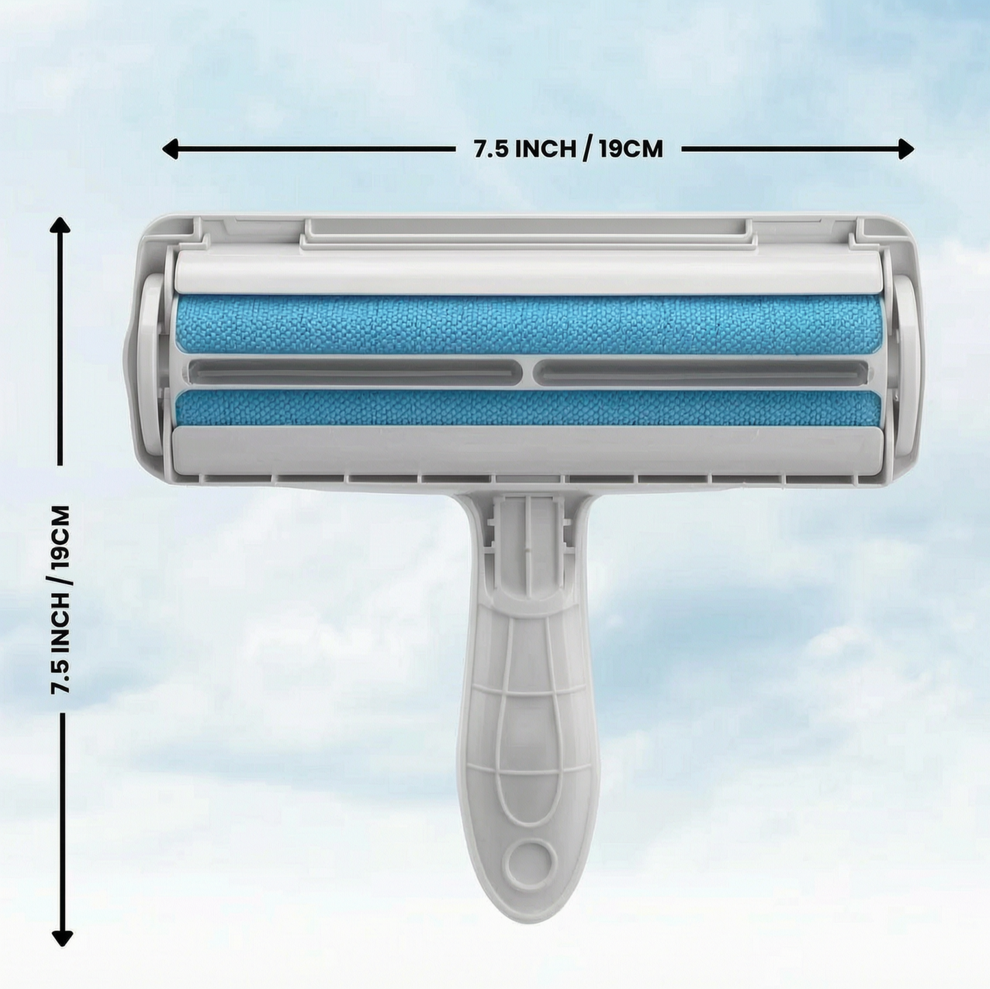 Self-cleaning pet hair roller being used on a car seat covered in dog fur