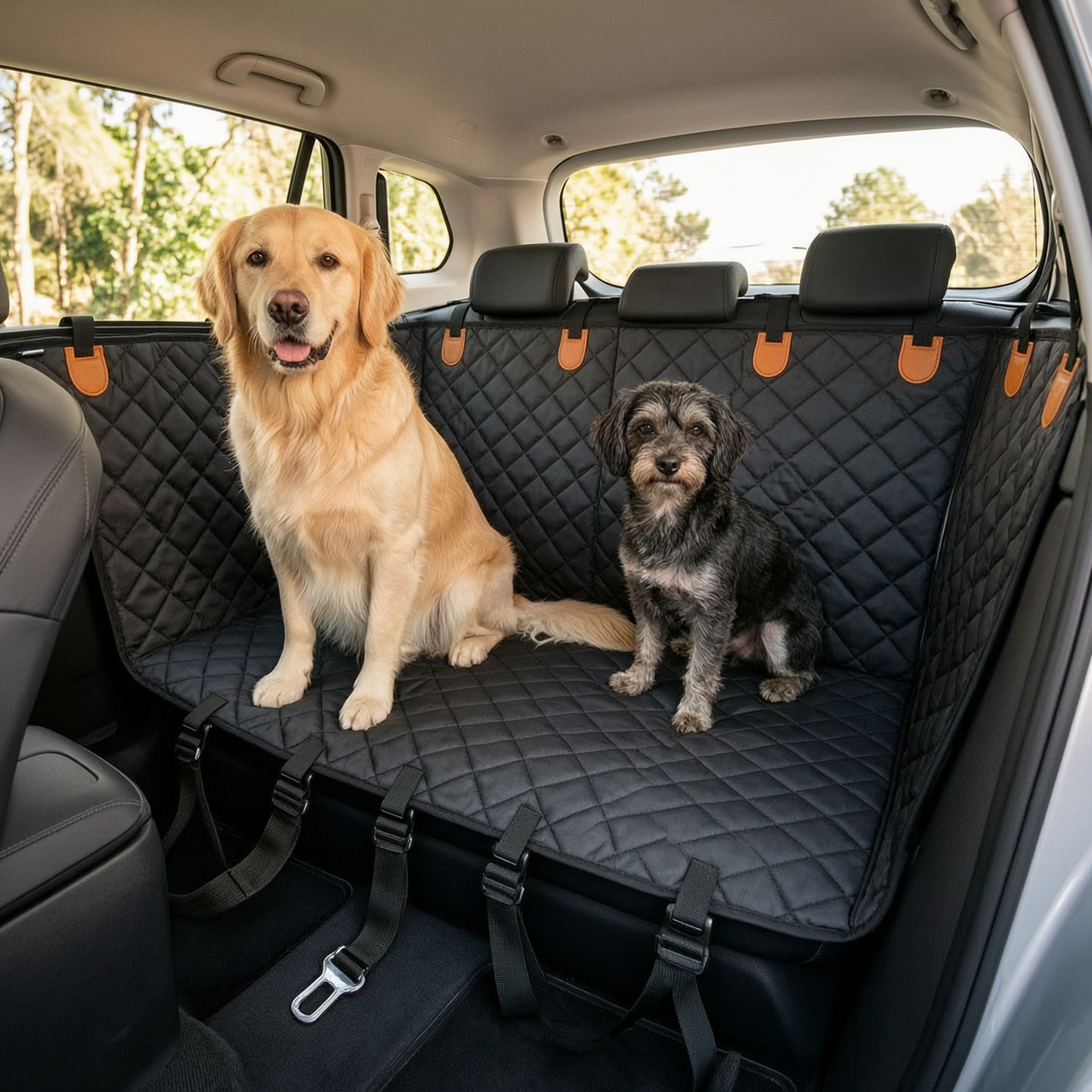 Dog sitting comfortably in the waterproof hammock-style car seat cover